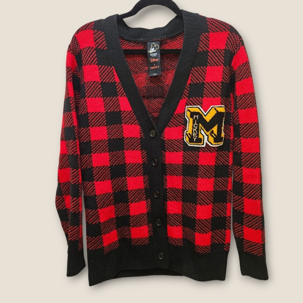 Disney x Forever 21 Mickey Mouse Buffalo Plaid‎ Varsity Cardigan Red Black Small